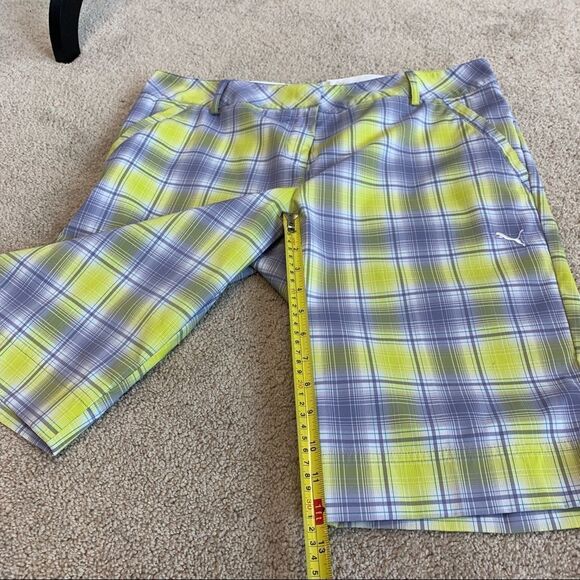 Puma golf plaid tech shorts persian violet Sz 12 NWT neon yellow purple - Picture 6 of 14